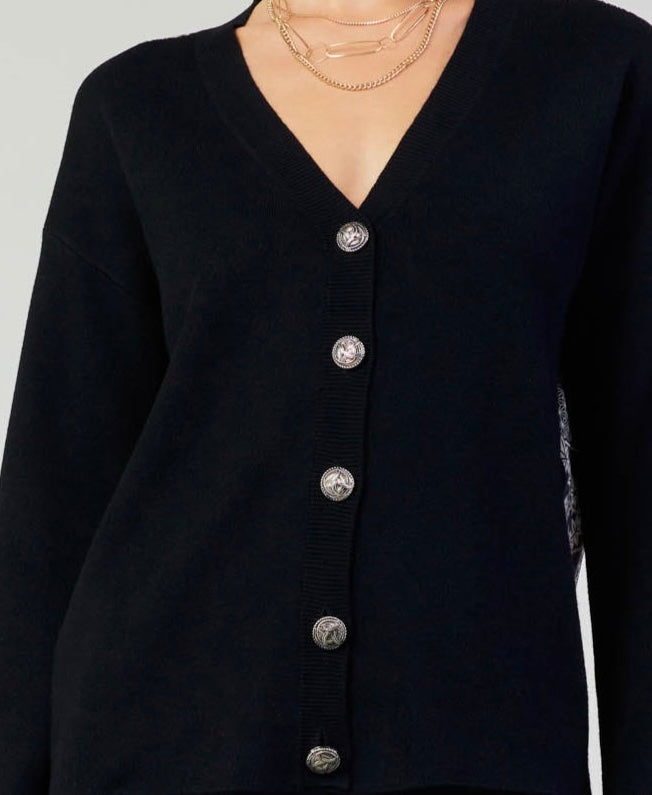 Long Sleeve Black Cardigan with Floral Motif