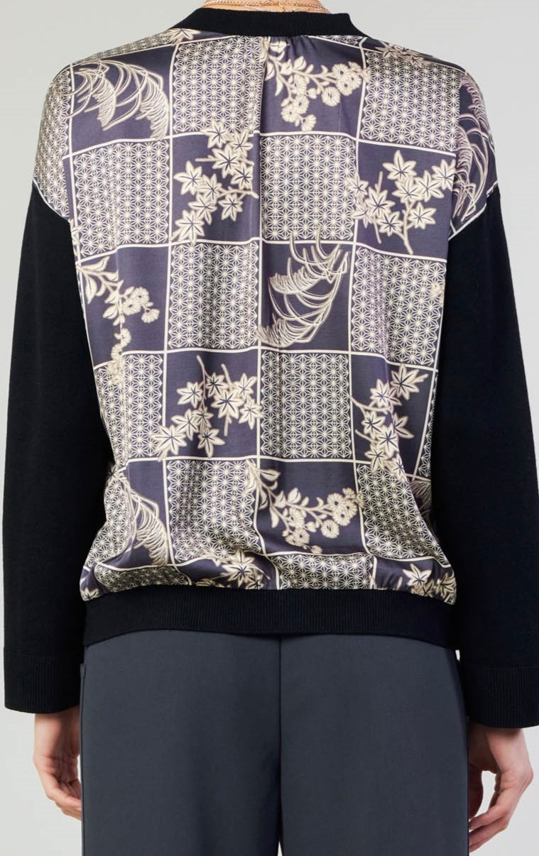 Long Sleeve Black Cardigan with Floral Motif