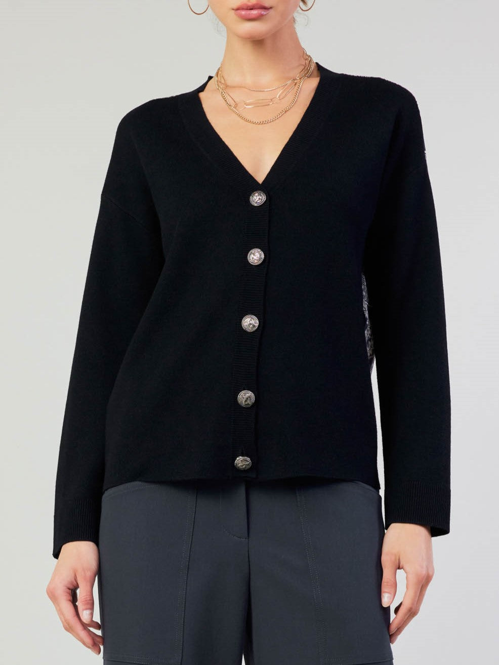 Long Sleeve Black Cardigan with Floral Motif