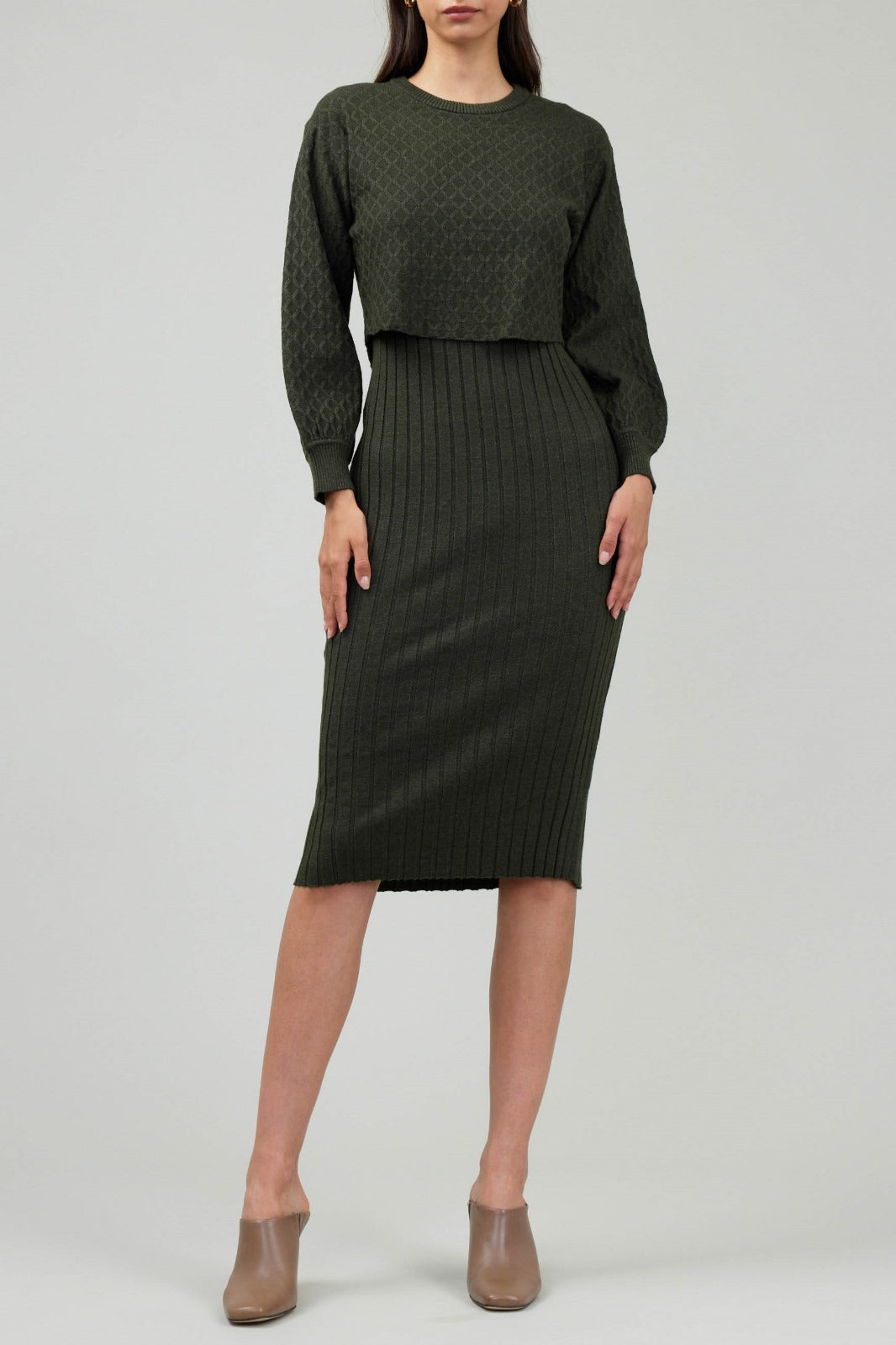 Two-Piece Sweater Dress in Dark Moss Green – Women’s Knit Set